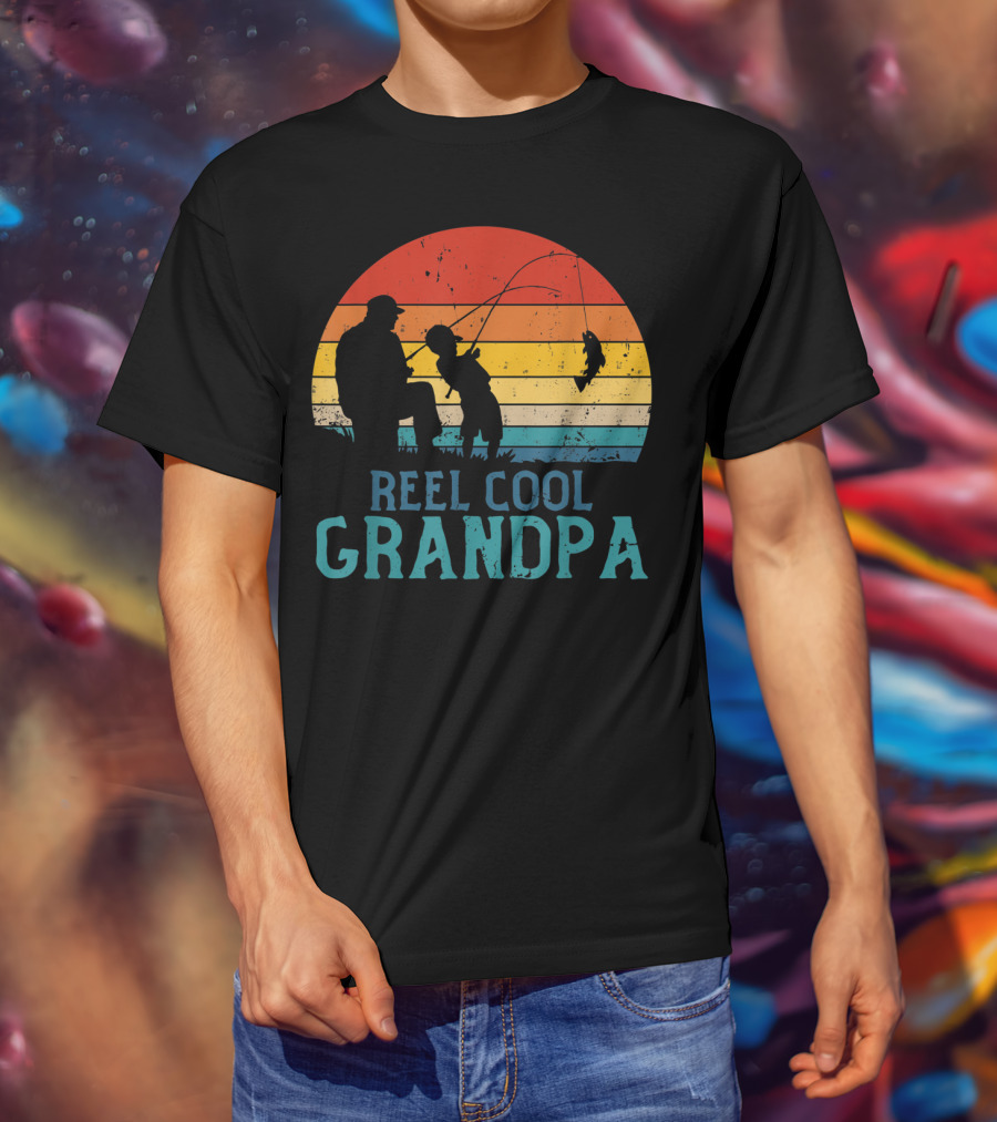 Reel Cool Grandpa Fishing Father's Day Grandfather Retro Sunset T-Shirt