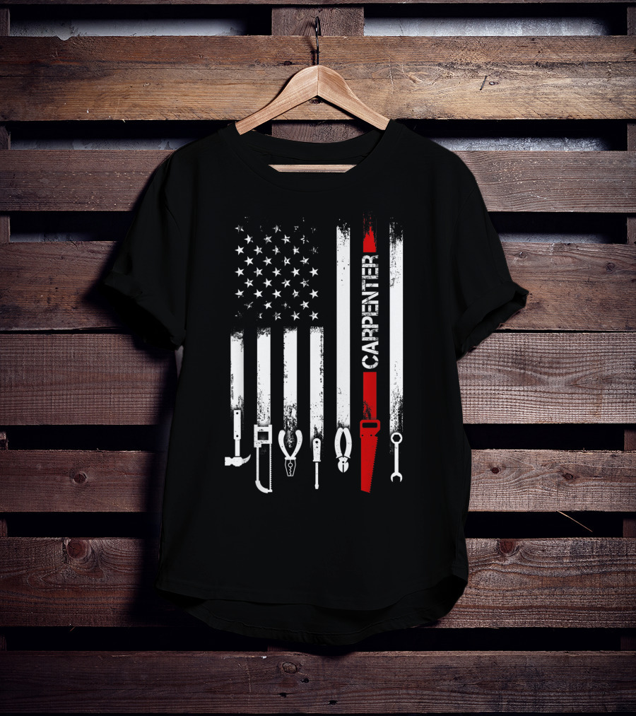American Flag Carpenter Tools Vertical Stripes Saw Wrench Pliers Hammer T-Shirt