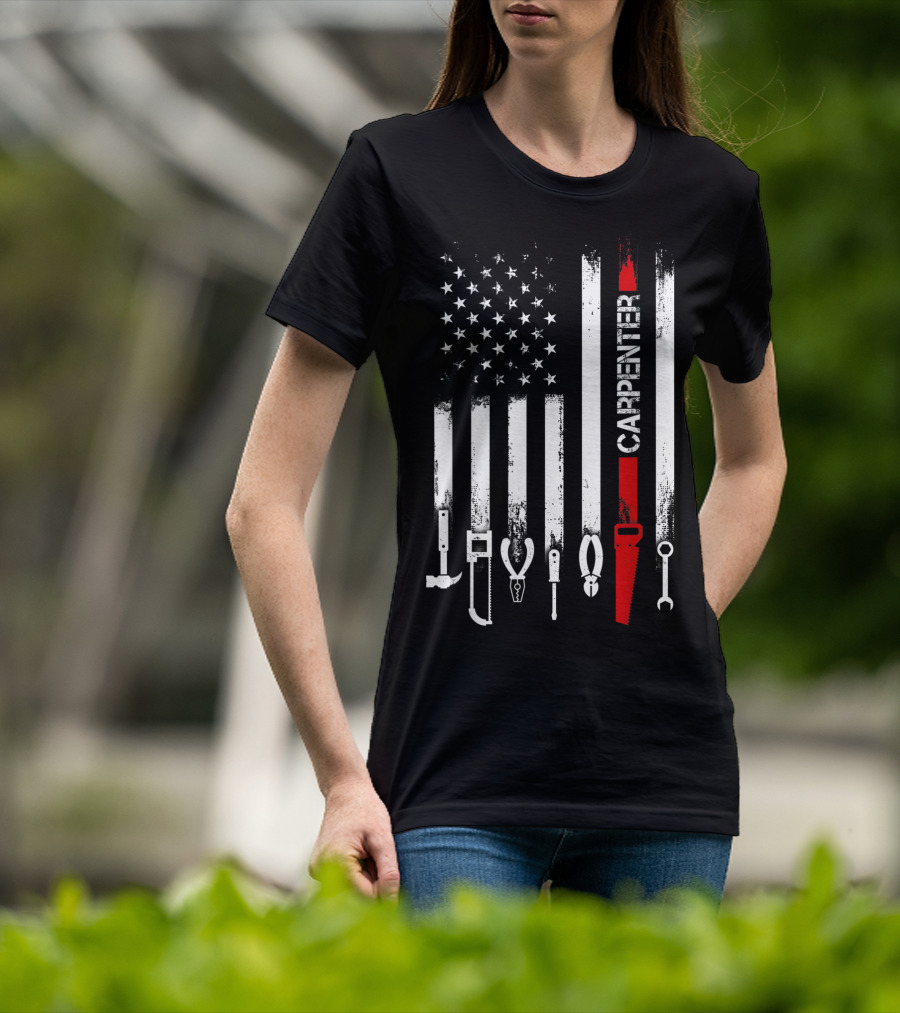 American Flag Carpenter Tools Vertical Stripes Saw Wrench Pliers Hammer T-Shirt