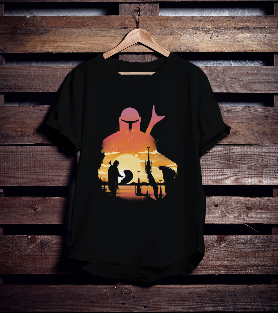 The Mandalorian Sunset Silhouette With Bounty Hunter And Child In Desert Scene T-Shirt