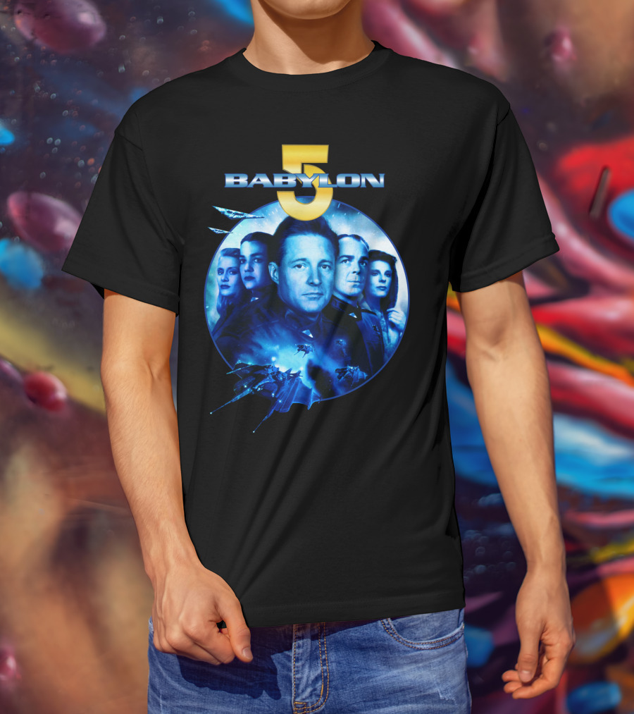 Babylon 5 Science Fiction Series Characters And Spaceship T-Shirt
