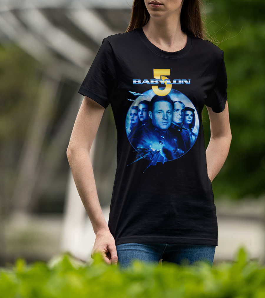 Babylon 5 Science Fiction Series Characters And Spaceship T-Shirt