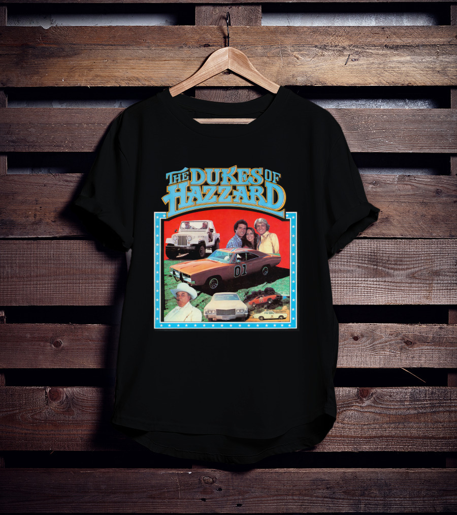 The Dukes Of Hazzard 01 Car And Characters With Jeep And Cowboy Hat T-Shirt