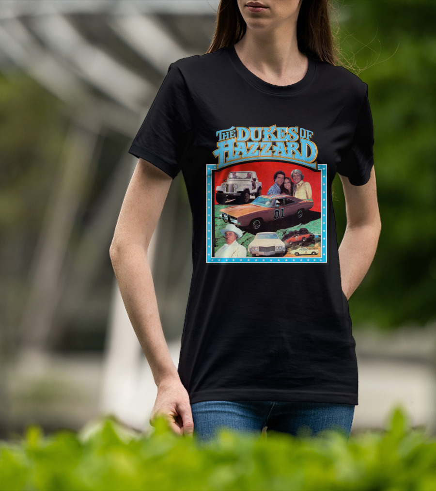The Dukes Of Hazzard 01 Car And Characters With Jeep And Cowboy Hat T-Shirt