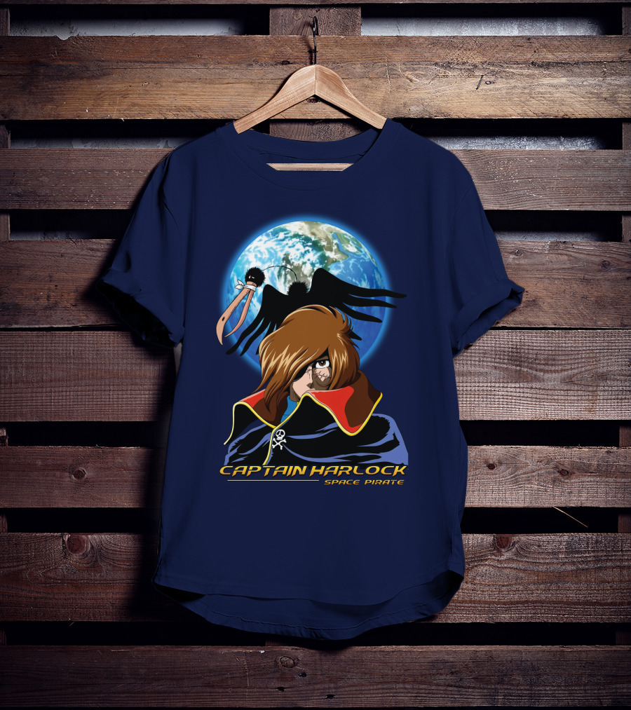 Captain Harlock Space Pirate Anime Icon With Earth And Black Bird T-Shirt