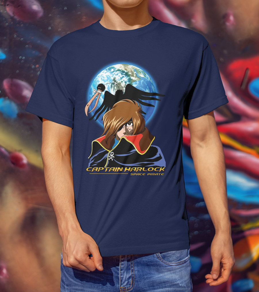 Captain Harlock Space Pirate Anime Icon With Earth And Black Bird T-Shirt