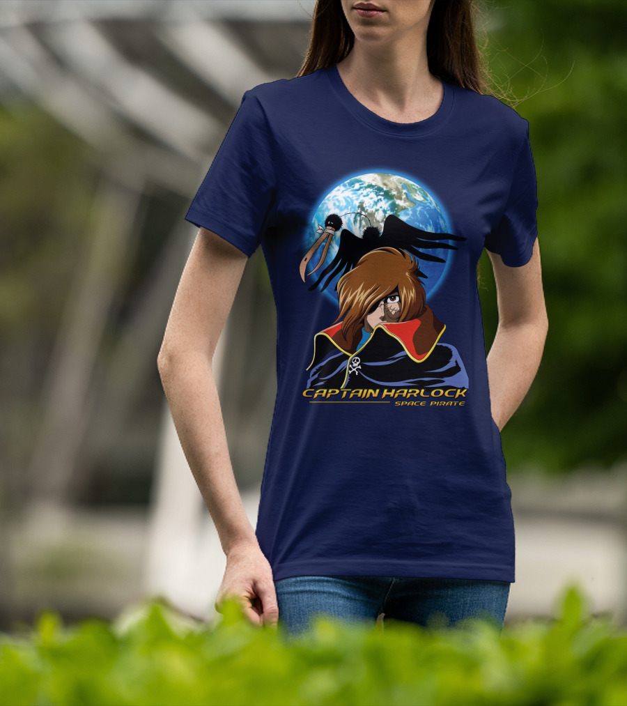 Captain Harlock Space Pirate Anime Icon With Earth And Black Bird T-Shirt