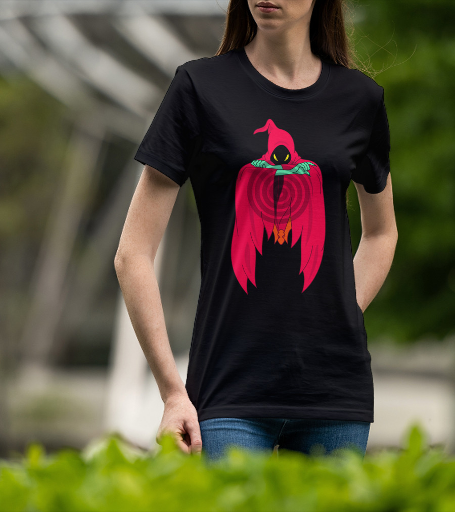 Shadow Weaver Enigmatic Hooded Phantom With Red Cape And Yellow Eyes T-Shirt