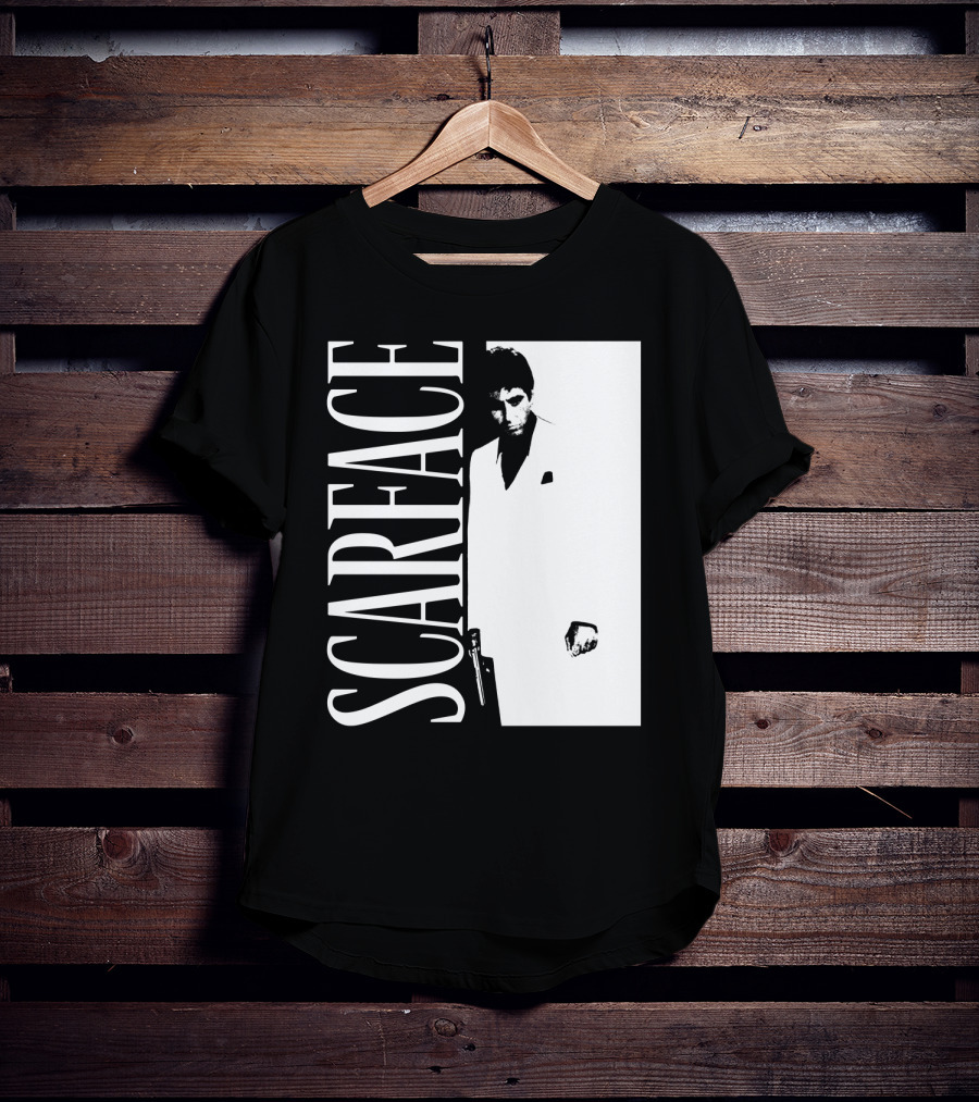 Scarface White Suit Black Background Iconic Movie Image T-Shirt