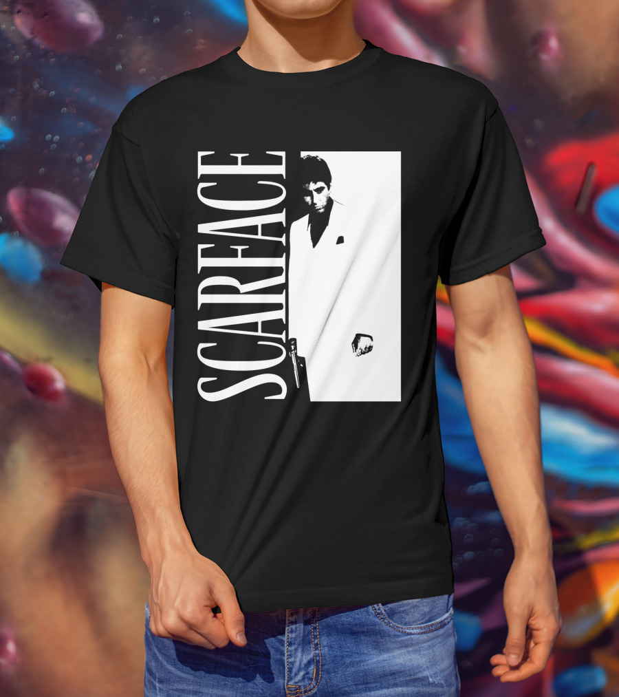 Scarface White Suit Black Background Iconic Movie Image T-Shirt
