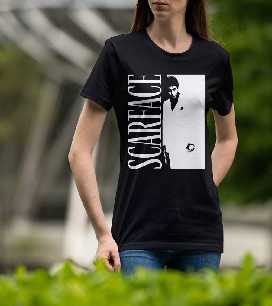 Scarface White Suit Black Background Iconic Movie Image T-Shirt