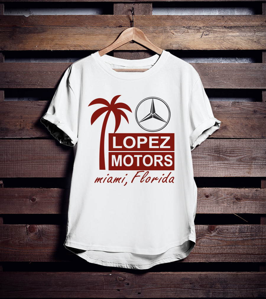 Lopez Motors Miami Florida Scarface Palm Tree Mercedes Benz Star T-Shirt