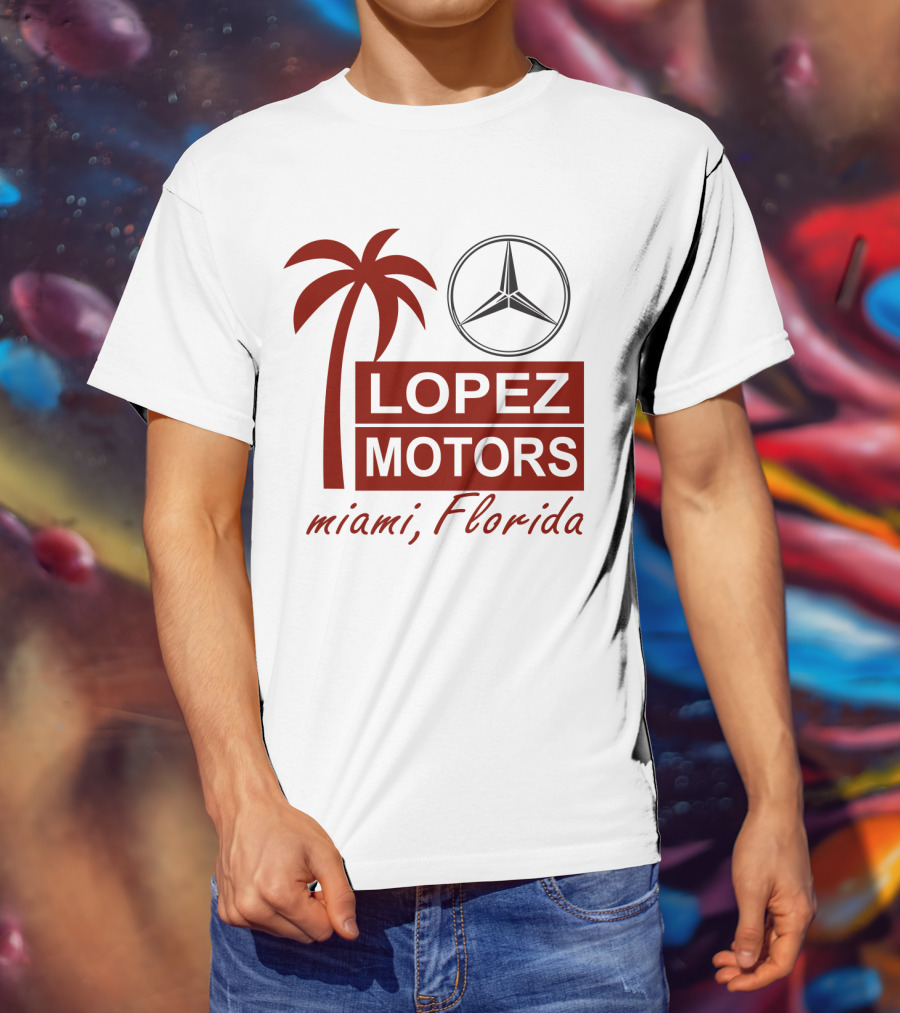 Lopez Motors Miami Florida Scarface Palm Tree Mercedes Benz Star T-Shirt