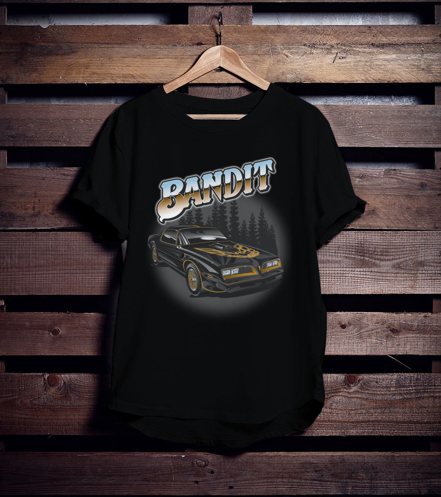BANDIT Car With Golden Hood Decal And Pine Forest Background T-Shirt