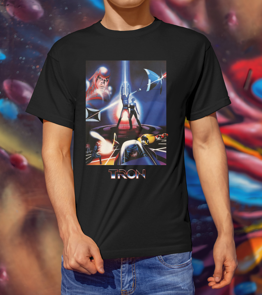 TRON Movie Artwork With Iconic Light Cycle And Disc Battle T-Shirt