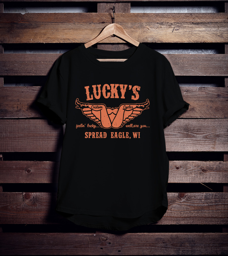 Lucky's Custom Cycles Feelin' Lucky Spread Eagle WI Vintage Motorcycle Biker T-Shirt