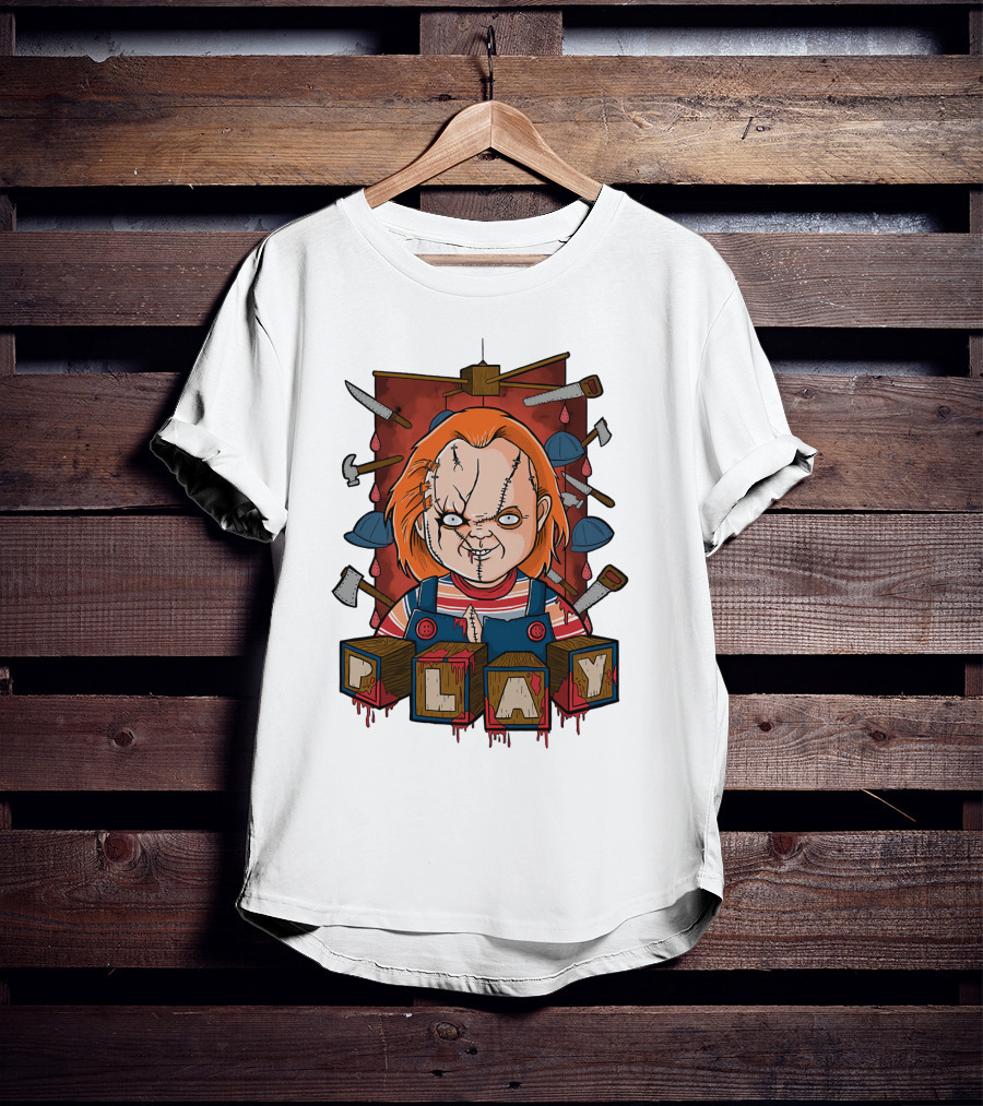 Chucky Blocks With Knives And Axes Background T-Shirt