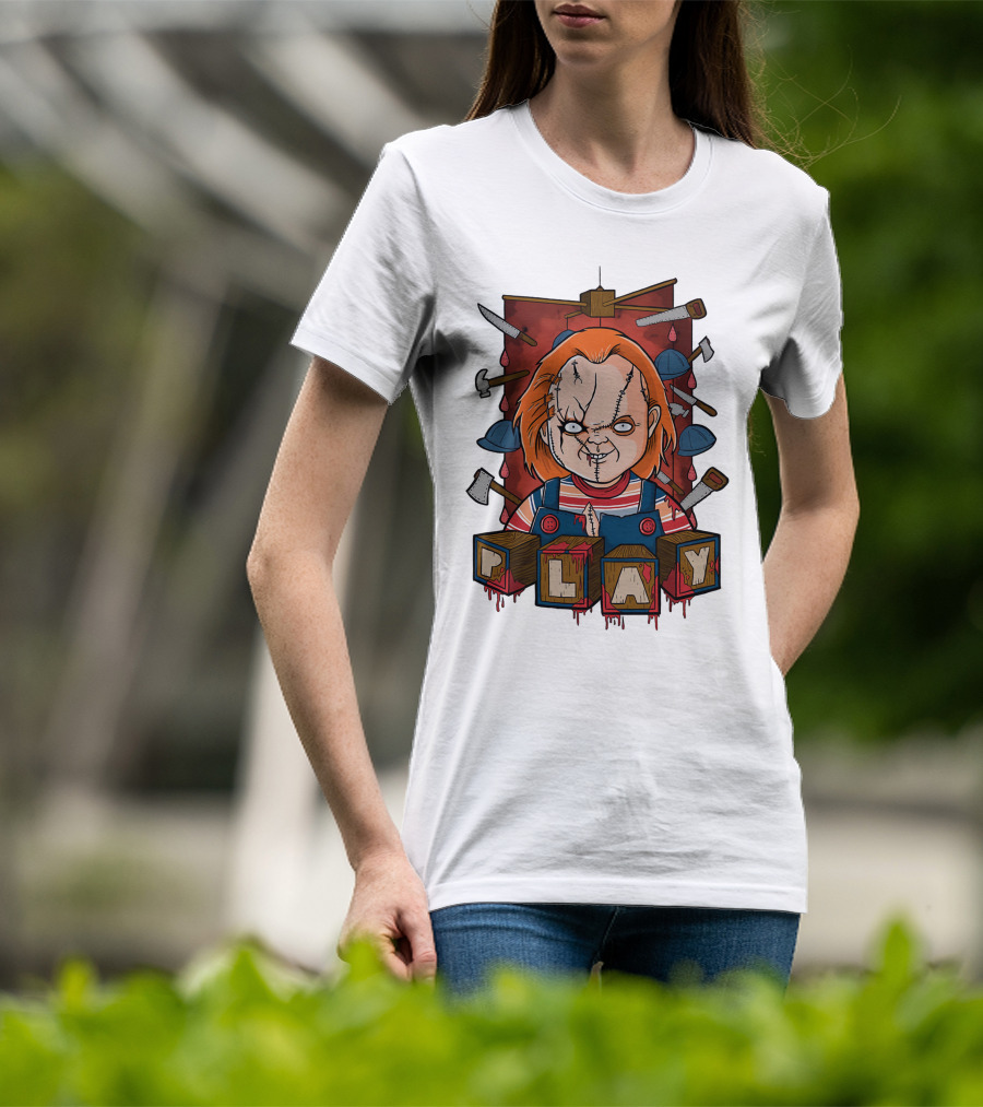 Chucky Blocks With Knives And Axes Background T-Shirt