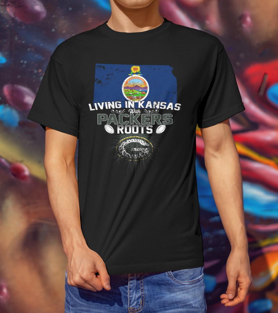 Living In Kansas With Packers Roots Football-Themed Design Featuring State Seal And Football T-Shirt