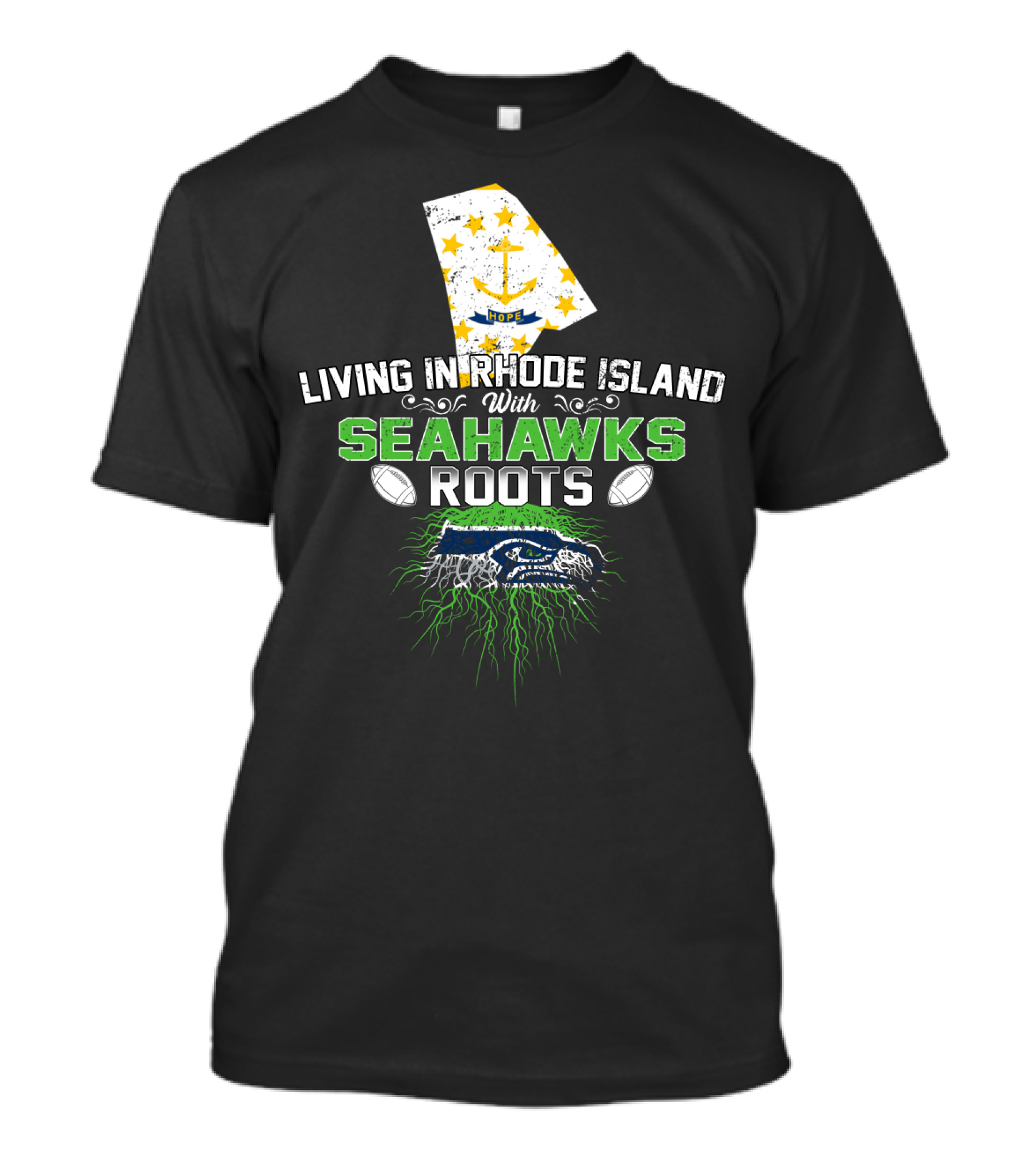 Living In Rhode Island With Seahawks Roots Featuring Rhode Island Flag And Fierce Seahawk Emblem T-Shirt