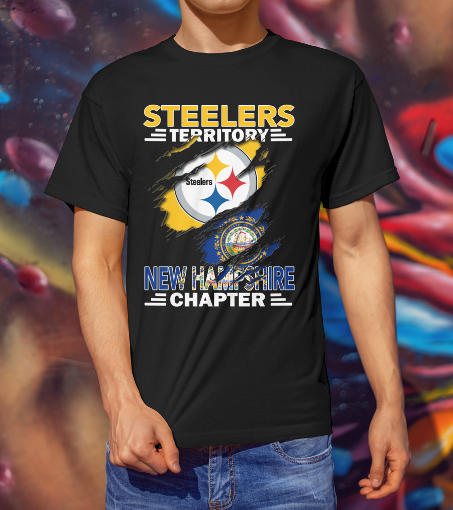 Steelers Territory New Hampshire Chapter Ripped Design Logo New Hampshire Flag T-Shirt