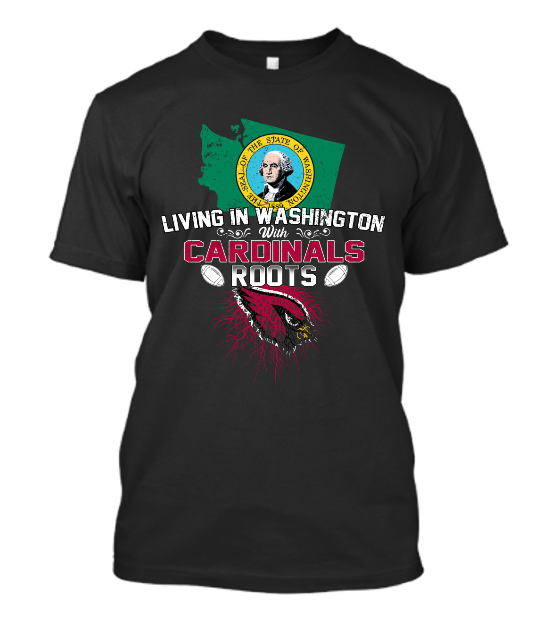Living In Washington With Cardinals Roots Football Seal State Bird Map T-Shirt