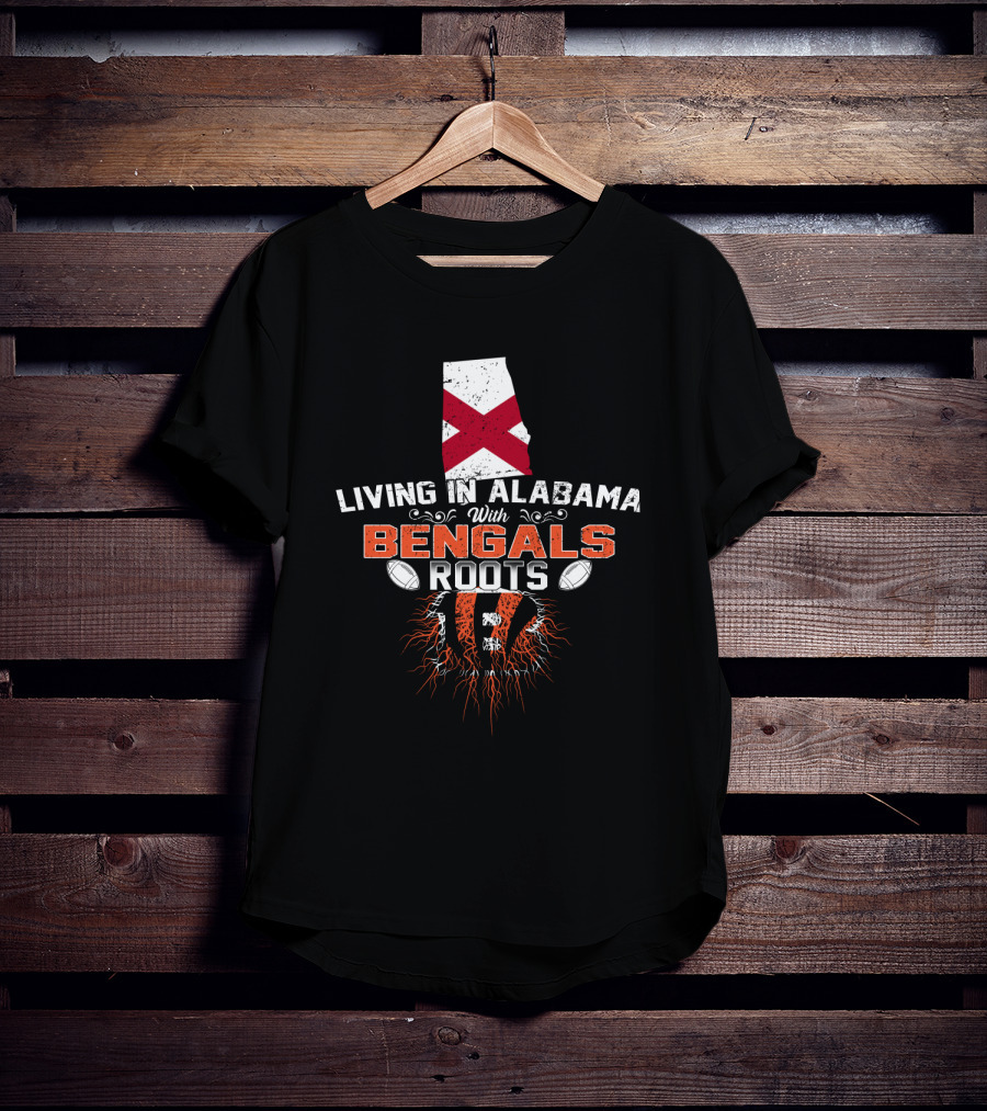Living In Alabama With Bengals Roots Featuring Alabama State And Striped Tiger Football Elements T-Shirt