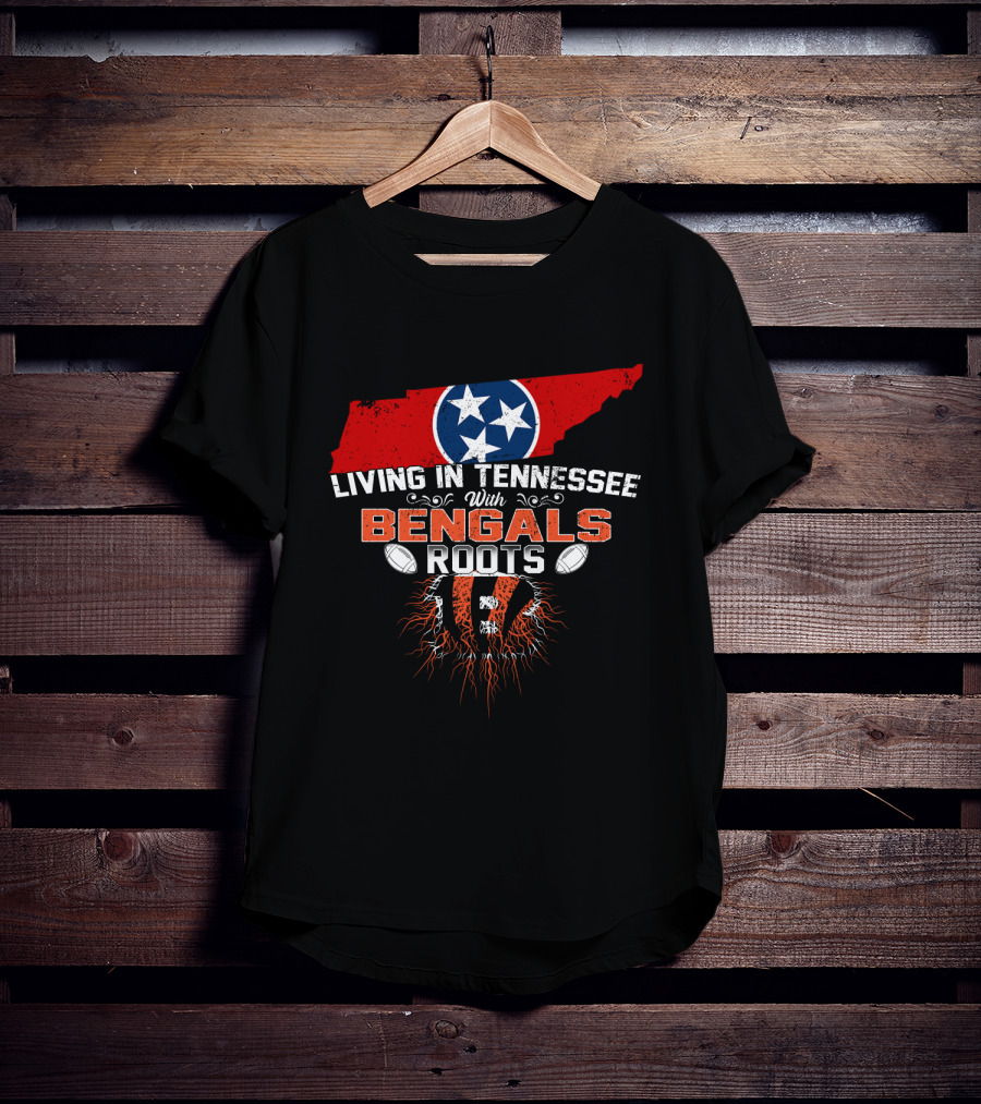 Living In Tennessee With Cincinnati Bengals Roots Football Fan Map T-Shirt
