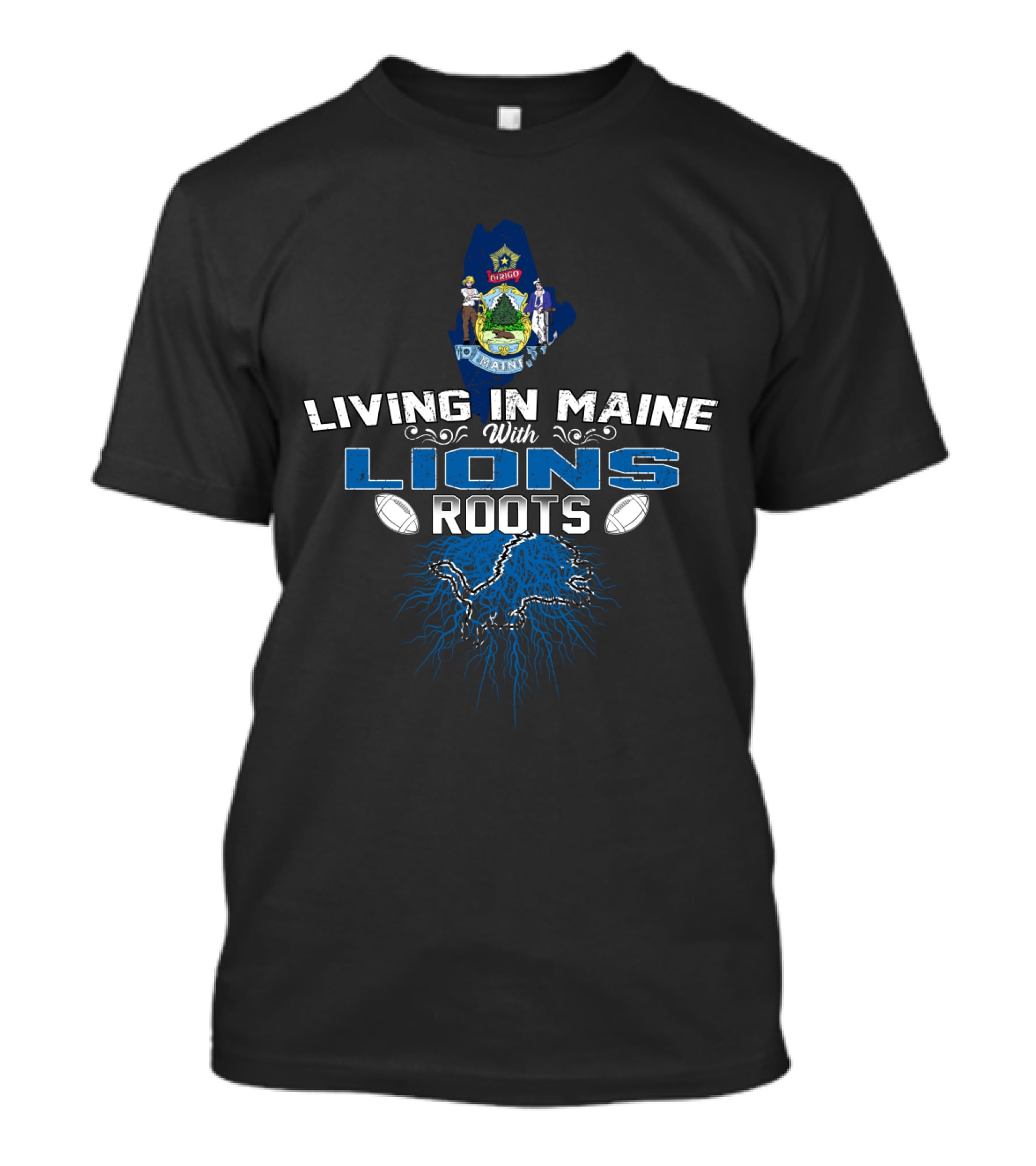 Living In Maine With Lions Roots State Seal Football Elements T-Shirt
