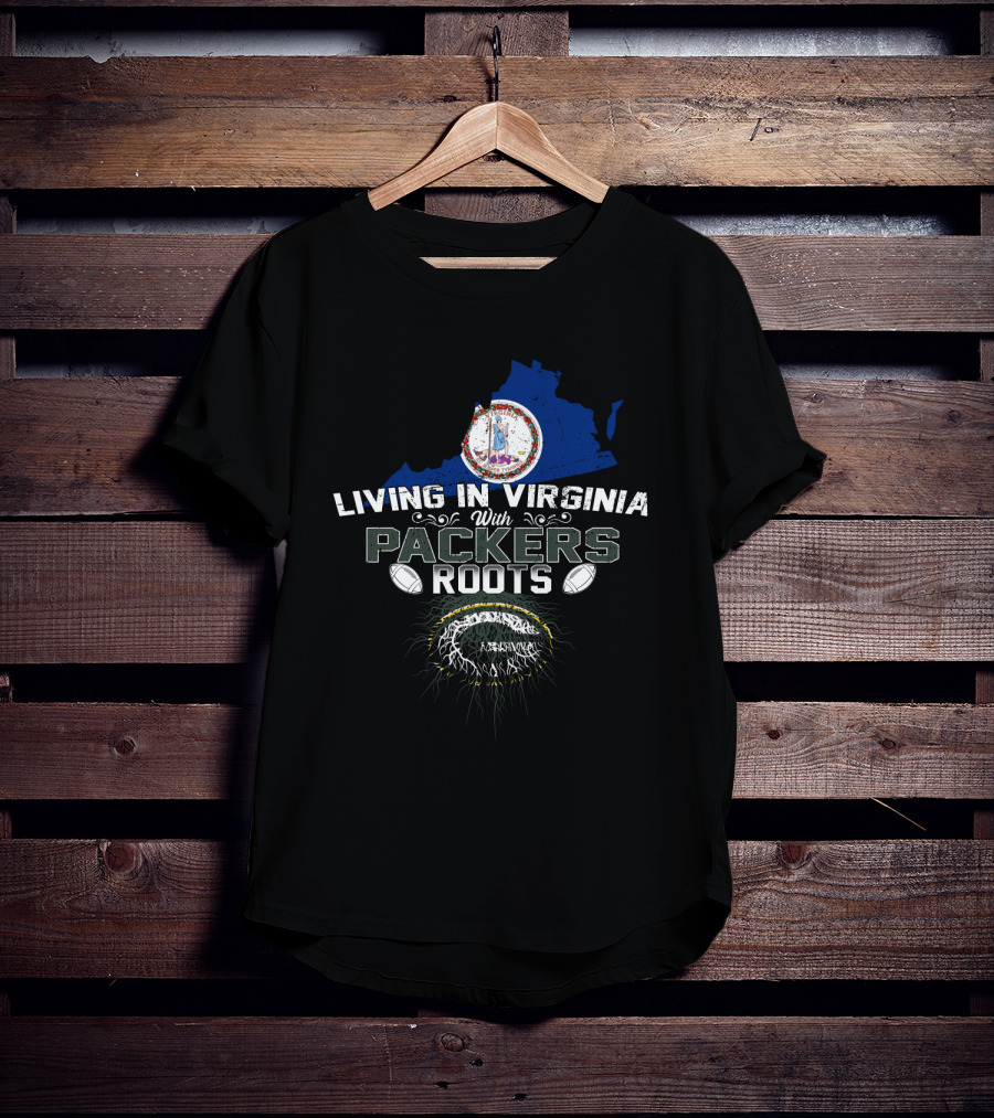 Living In Virginia With Packers Roots Virginia Map Logo Green And Gold Football T-Shirt