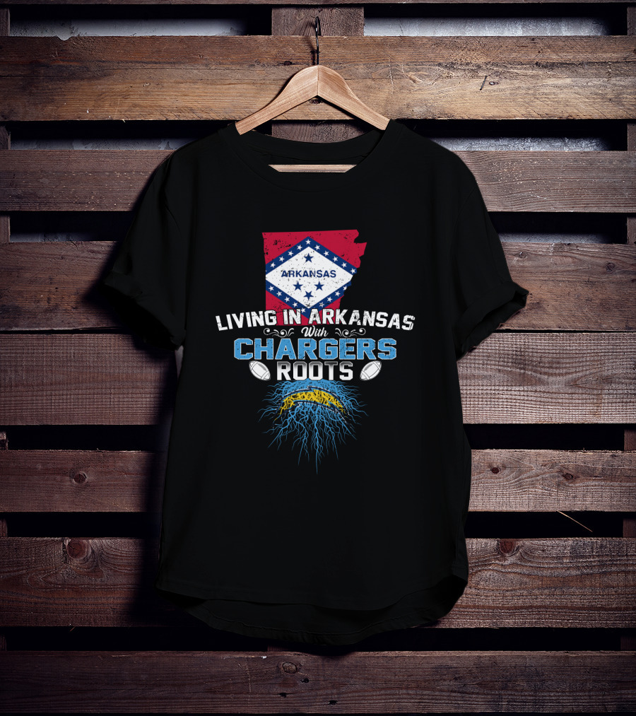 Living In Arkansas With Chargers Roots Arkansas Map And Flag Football Fan T-Shirt