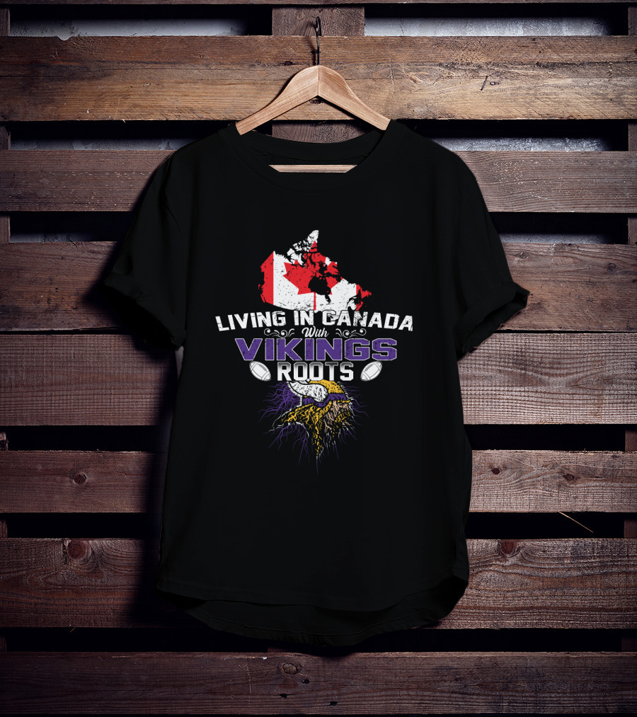 Living In Canada With Vikings Roots Map And Horned Helmet T-Shirt
