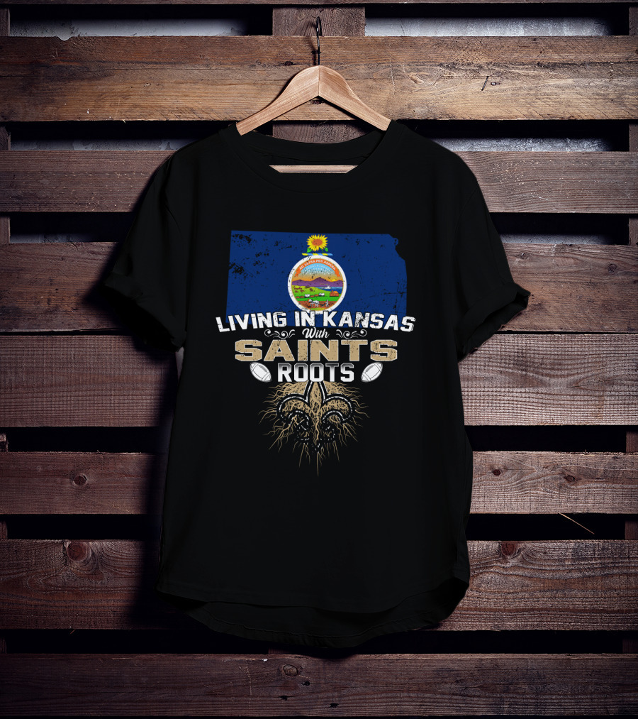 Living In Kansas With Saints Roots Kansas Map State Seal Fleur De Lis Football Elements T-Shirt