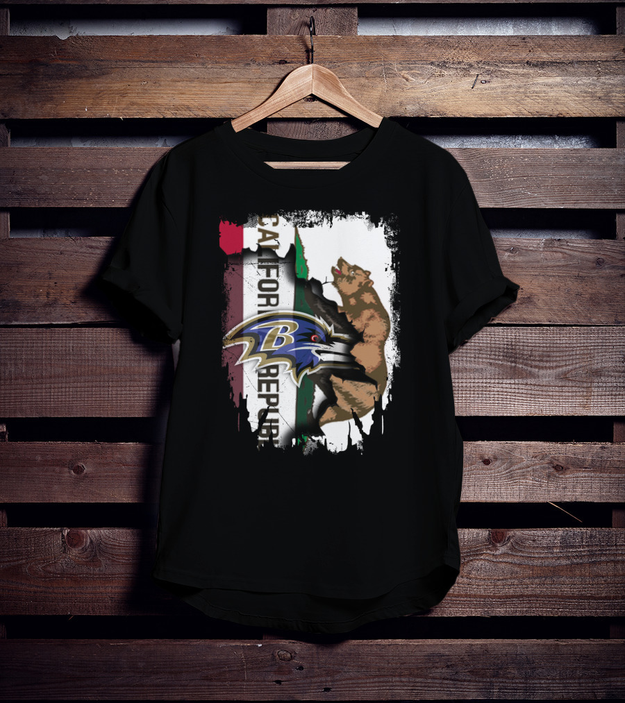 California Republic Bear And Baltimore Ravens Logo Fusion T-Shirt