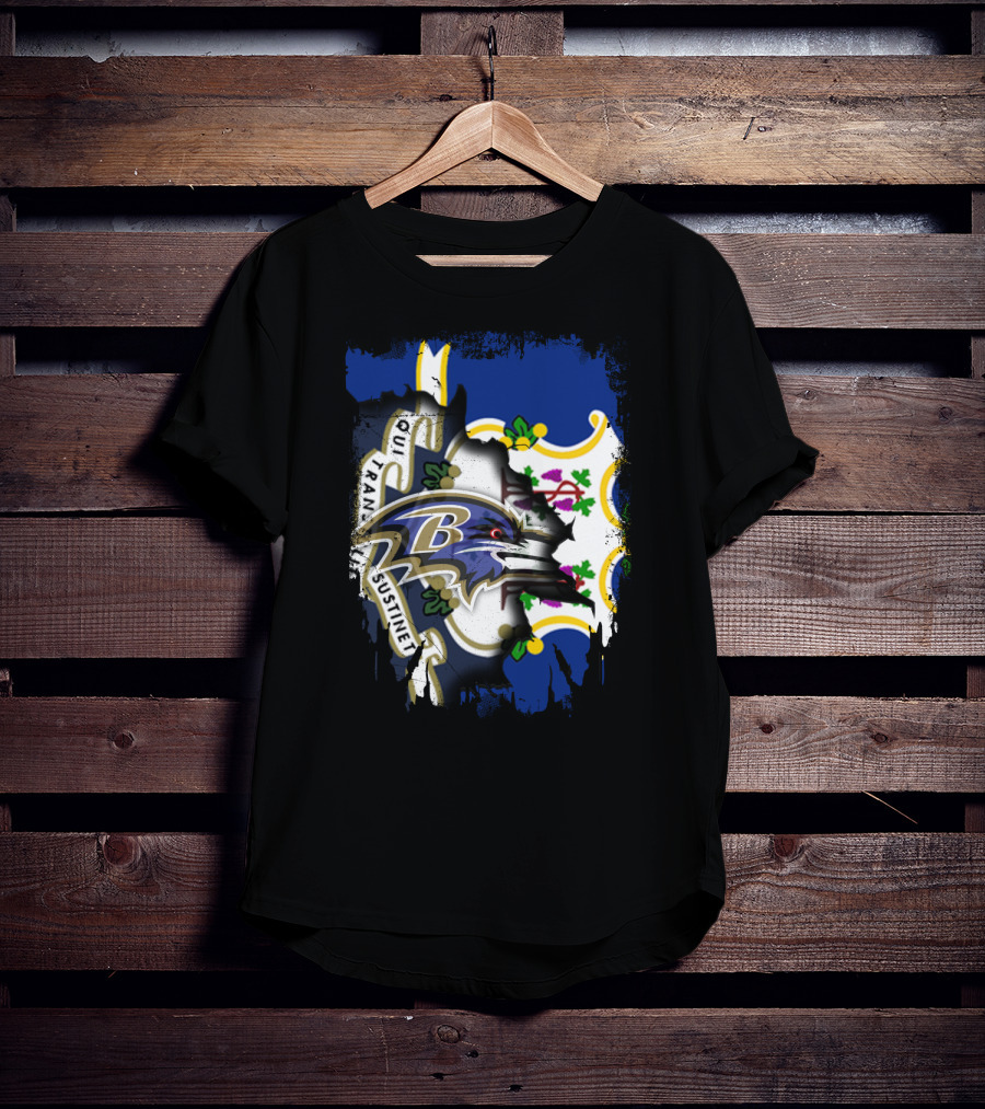 Connecticut State Flag And Baltimore Ravens Logo Fusion T-Shirt