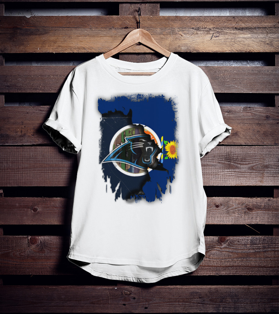Kansas Sunflower With Carolina Panthers Logo Fusion T-Shirt