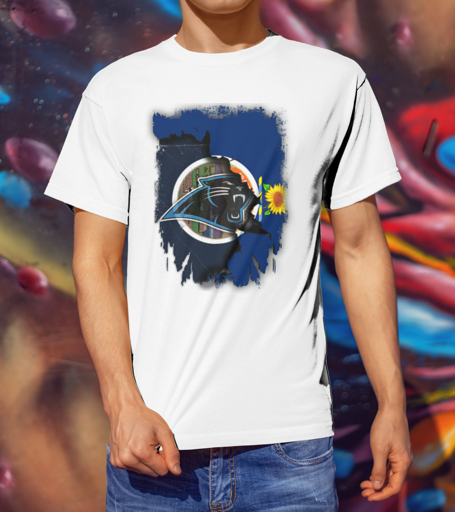 Kansas Sunflower With Carolina Panthers Logo Fusion T-Shirt