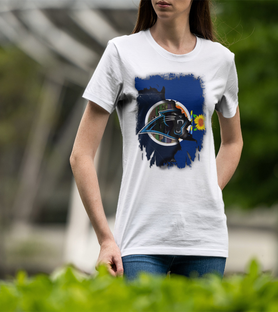 Kansas Sunflower With Carolina Panthers Logo Fusion T-Shirt