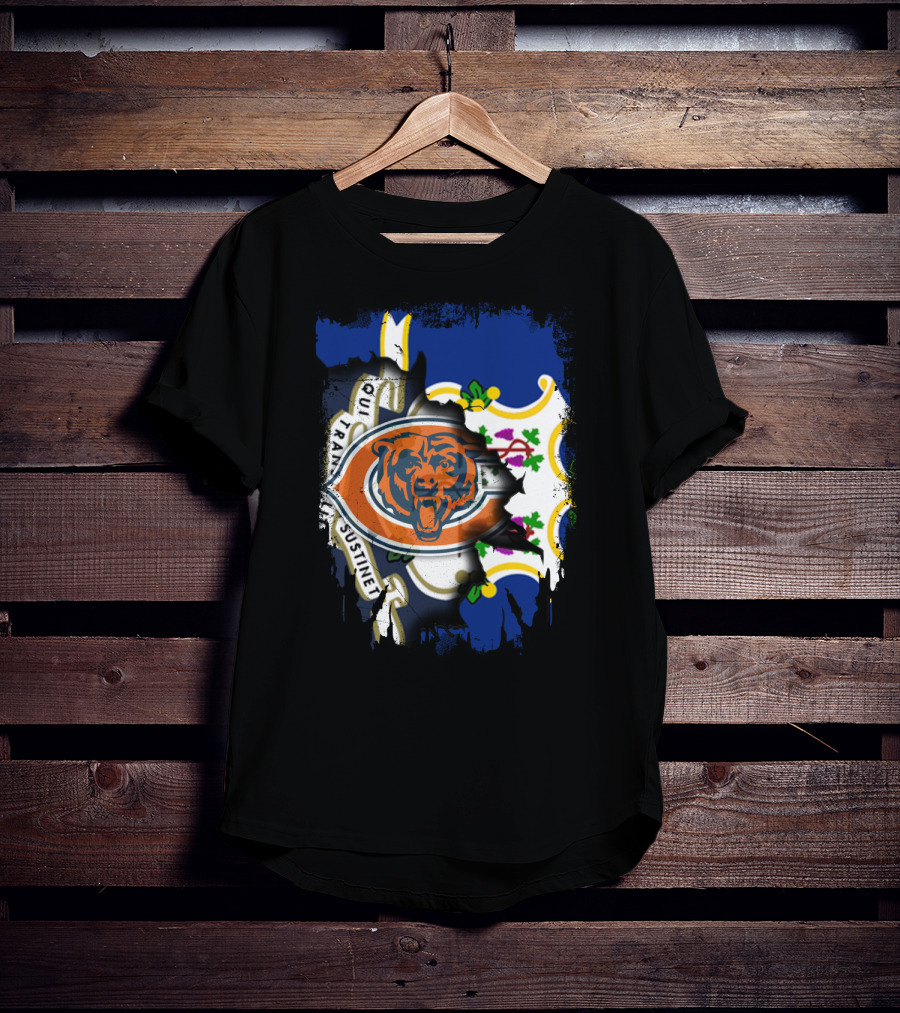Connecticut State Flag Blended With Chicago Bears T-Shirt