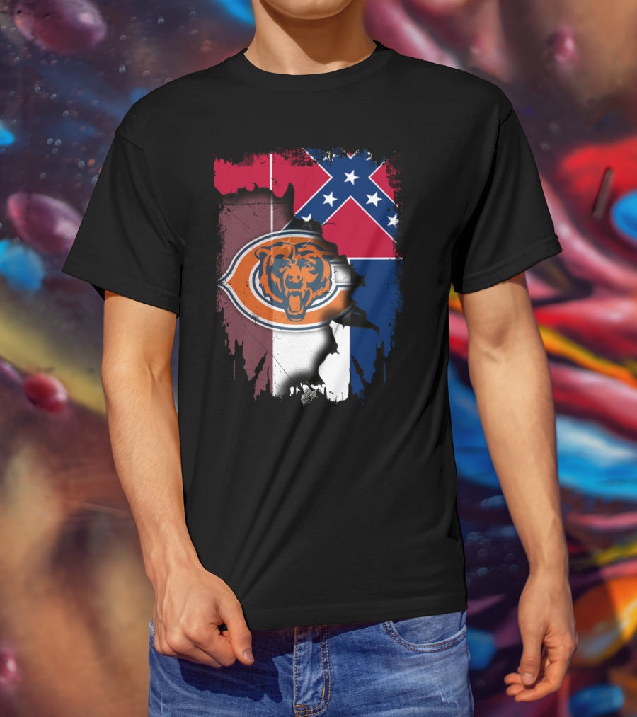 Chicago Bears Logo Over Mississippi Flag Tear T-Shirt