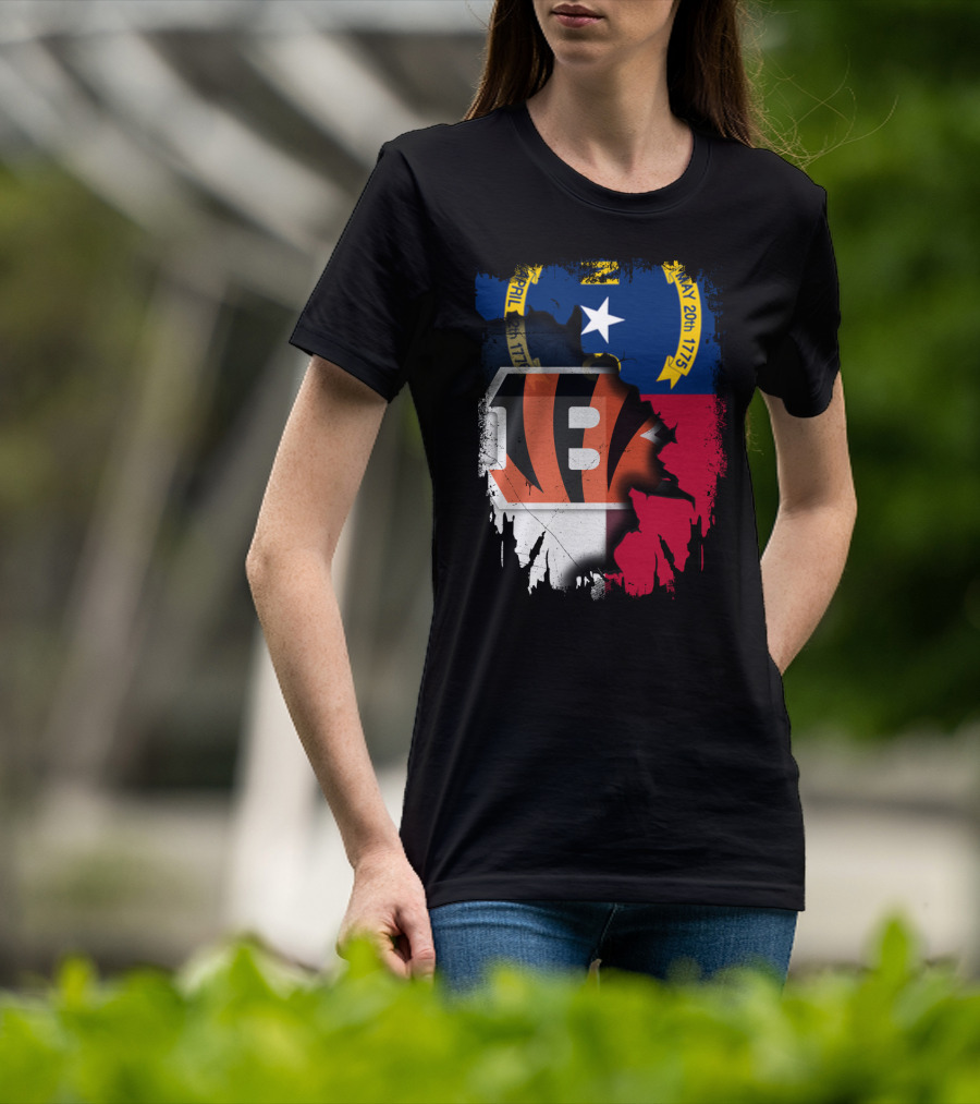 North Carolina State Flag Blended With Bengals Team T-Shirt