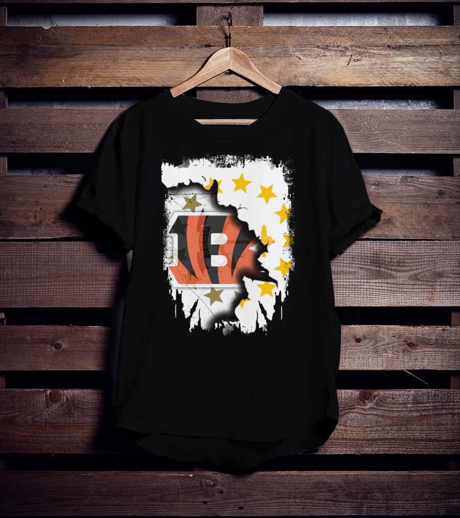 Rhode Island Map With Cincinnati Bengals Logo And Stars T-Shirt