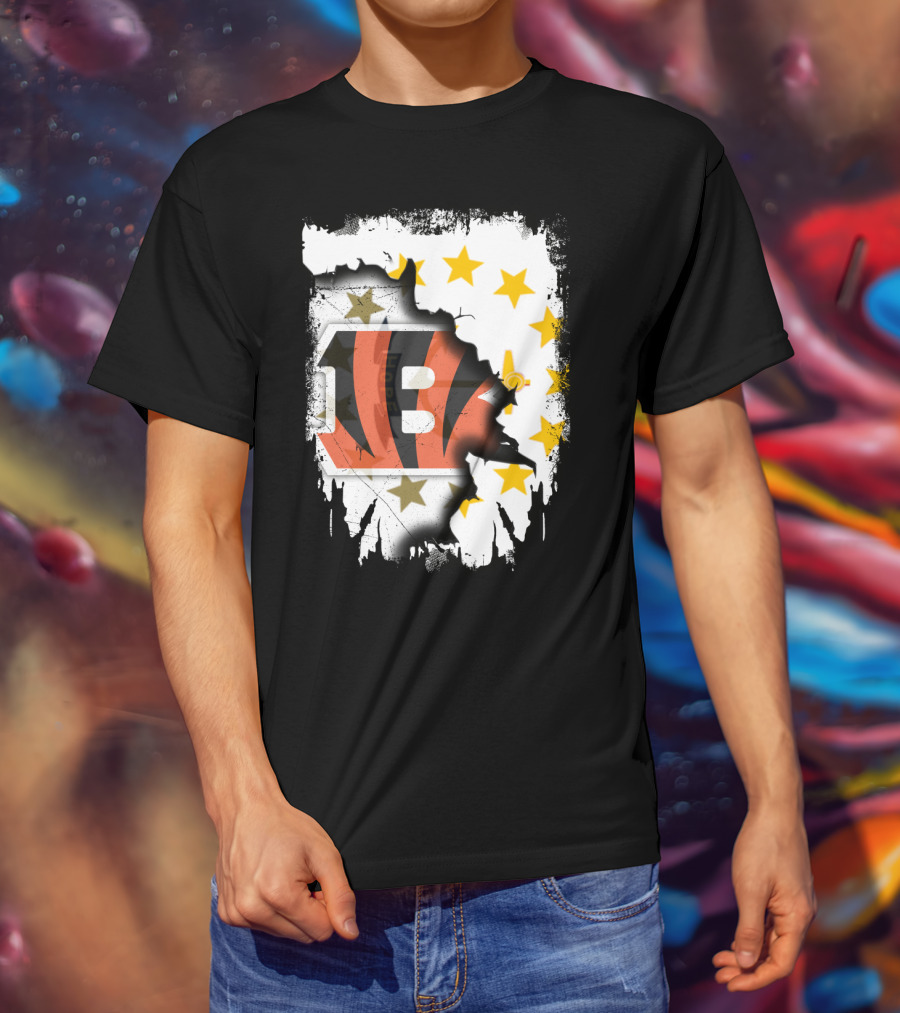 Rhode Island Map With Cincinnati Bengals Logo And Stars T-Shirt