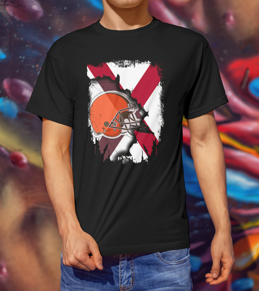 Alabama Browns Helmet Crossover On Distressed Crimson And White Background T-Shirt