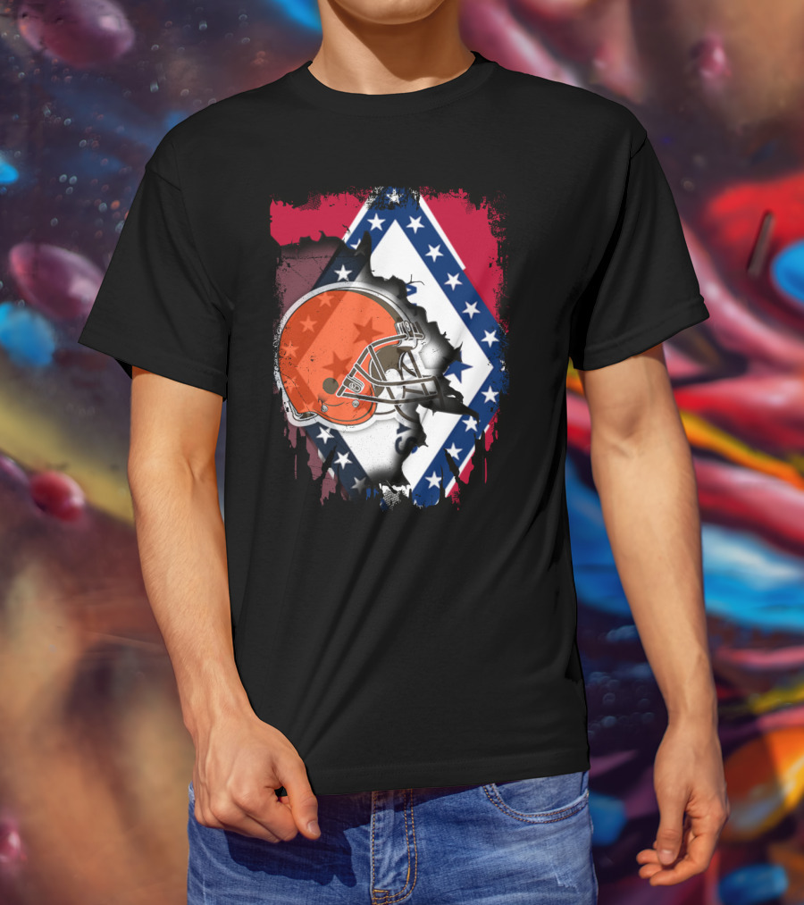Together Arkansas Flag Tattered With Browns Helmet T-Shirt