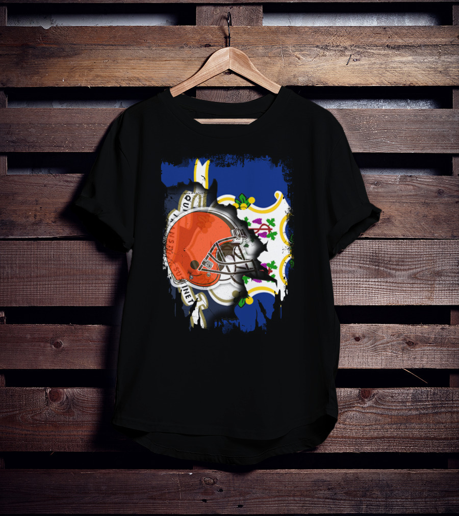 Cleveland Browns Helmet Over Connecticut State Flag T-Shirt