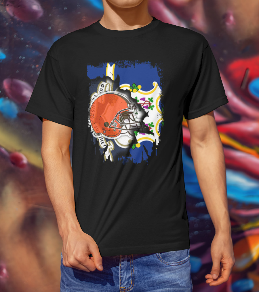 Cleveland Browns Helmet Over Connecticut State Flag T-Shirt