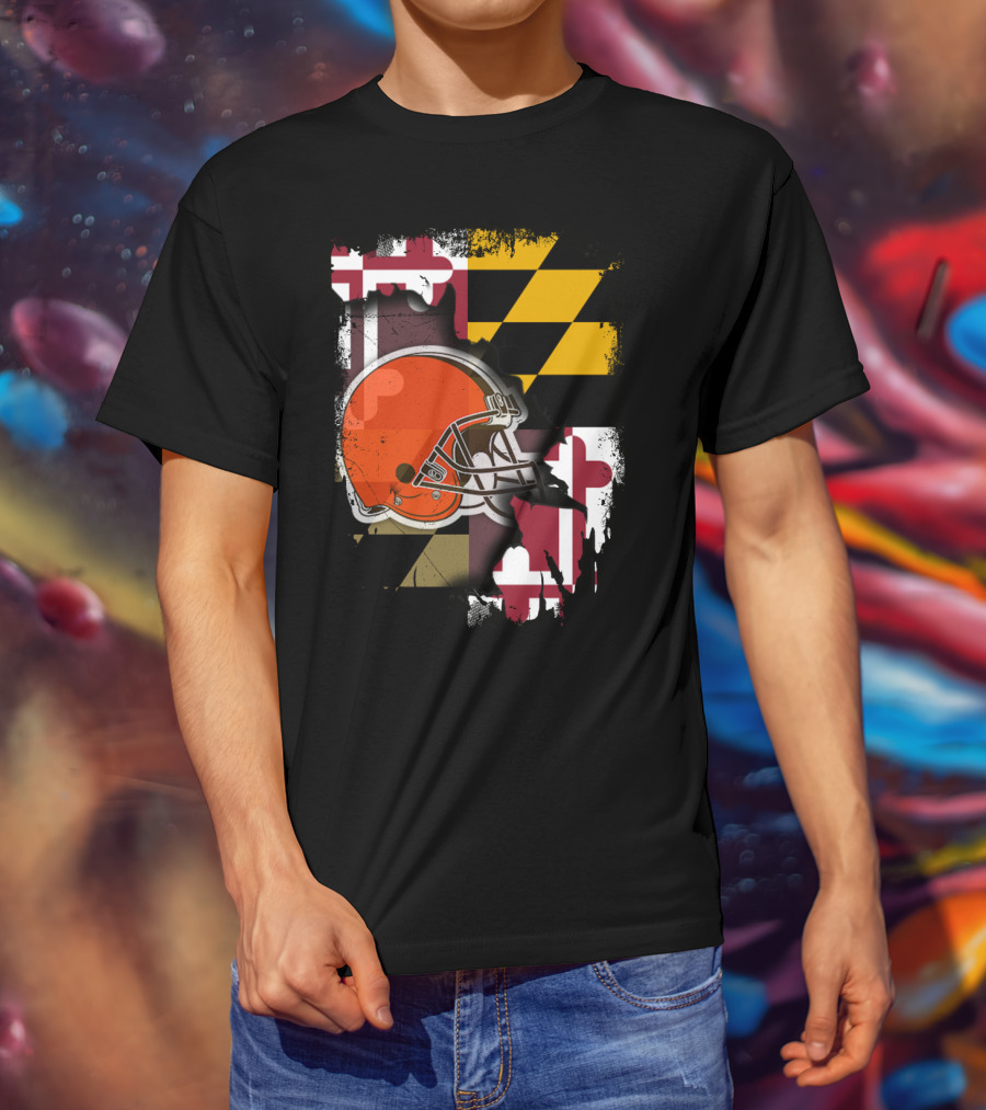 Maryland Flag With Cleveland Browns Helmet T-Shirt
