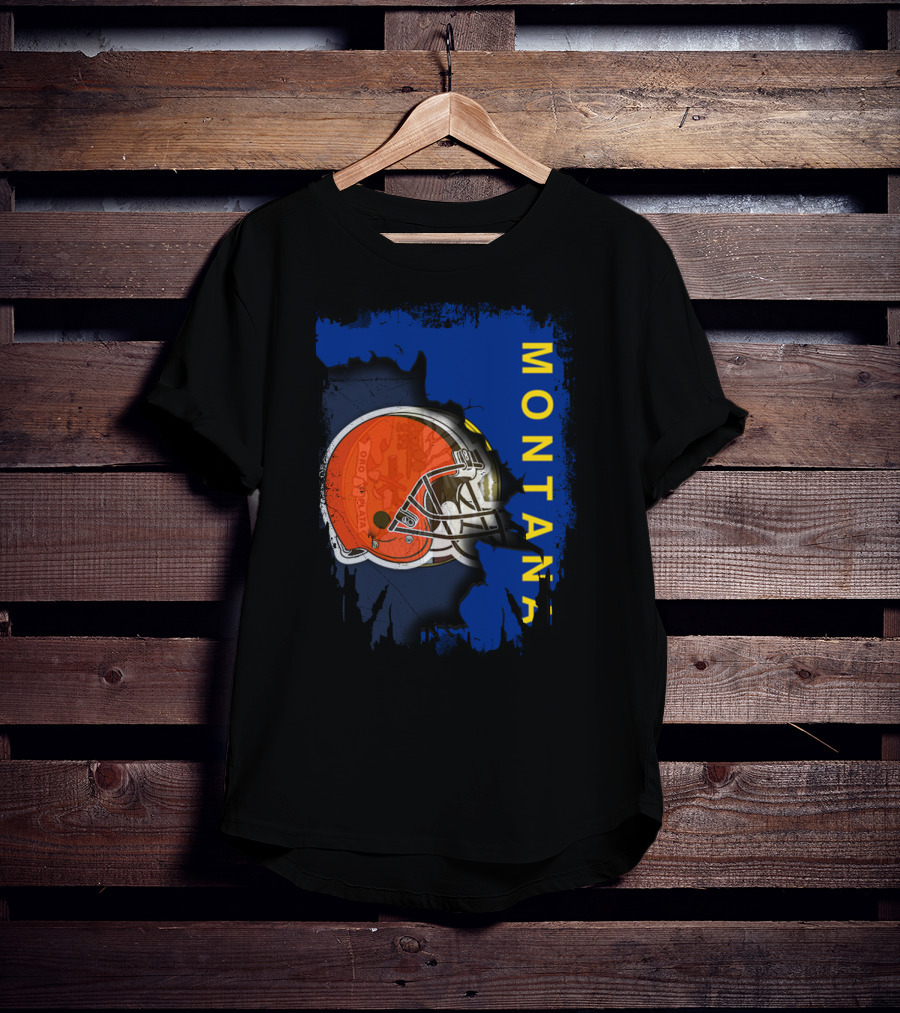 Montana Collaboration With Orange Football Helmet Browns Connection T-Shirt