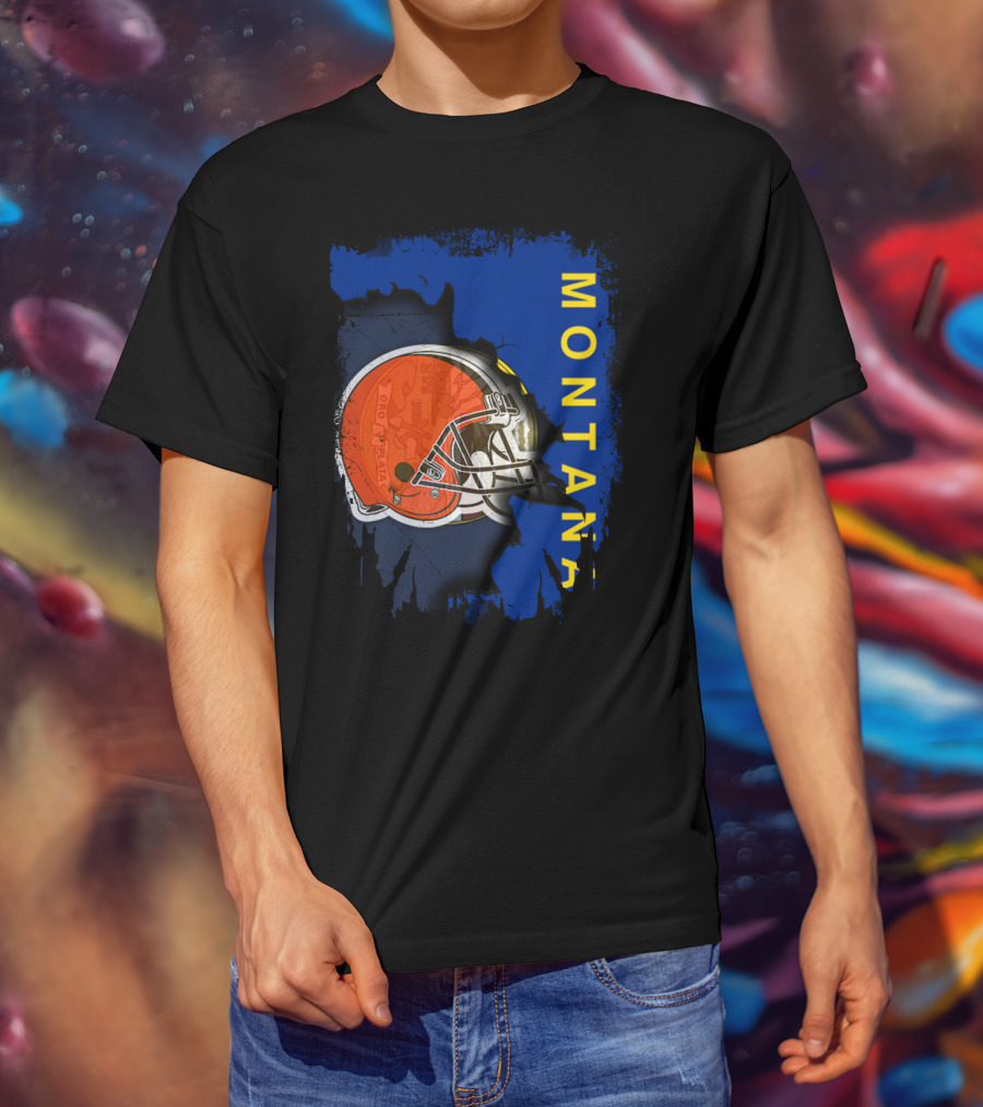 Montana Collaboration With Orange Football Helmet Browns Connection T-Shirt